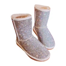 Теплые зимние ботинки; женские зимние сапоги ручной работы, стразы; обувь на меху; коллекция года; модные женские ботинки до середины икры, украшенные стразами; Большие европейские размеры 43