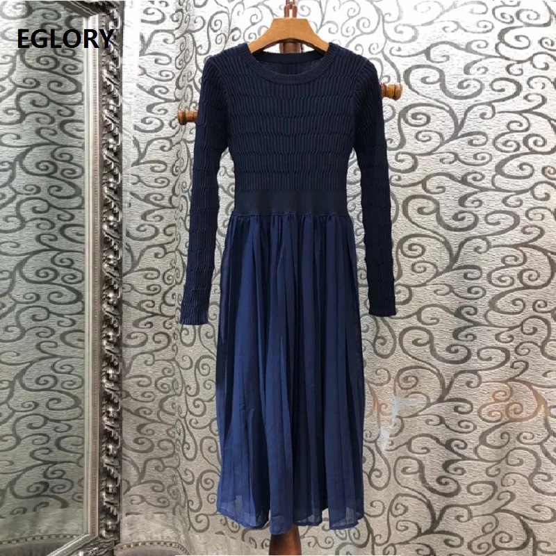 

High Quality Brand New 2019 Autumn Long Sweater Dress Women Knitted Patchwork Long Sleeve Blue Black Pleated Dress Casual Wear
