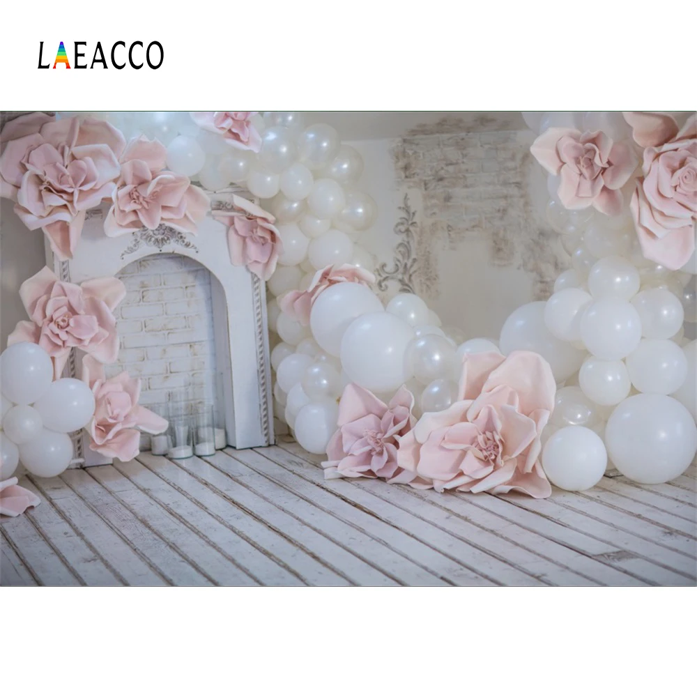 Laeacco Фото фоны серый камин розовые воздушные шары цветок деревянный пол Детские вечерние Портретные Фото фоны для фотостудии