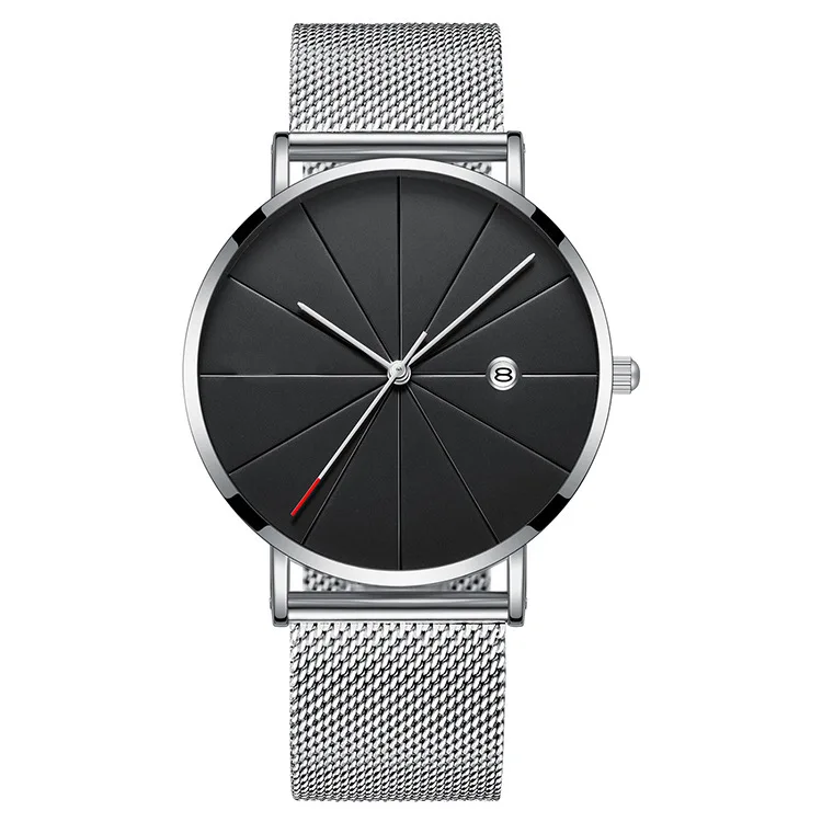 Новые роскошные мужские деловые часы с черным золотым сетчатым ремешком, модные повседневные дизайнерские кварцевые наручные часы с датой, мужские часы Reloj Hombre - Цвет: silver black