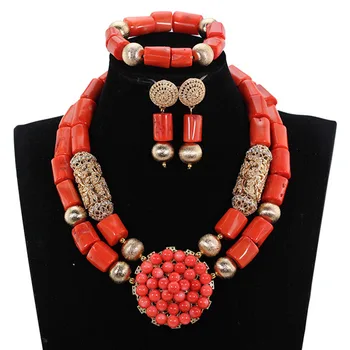 

Latest Chunky Coral African Wedding Jewelry Sets Gold Nigerian Women Coral Bridal Necklace Earrings Set 2017 CNR848