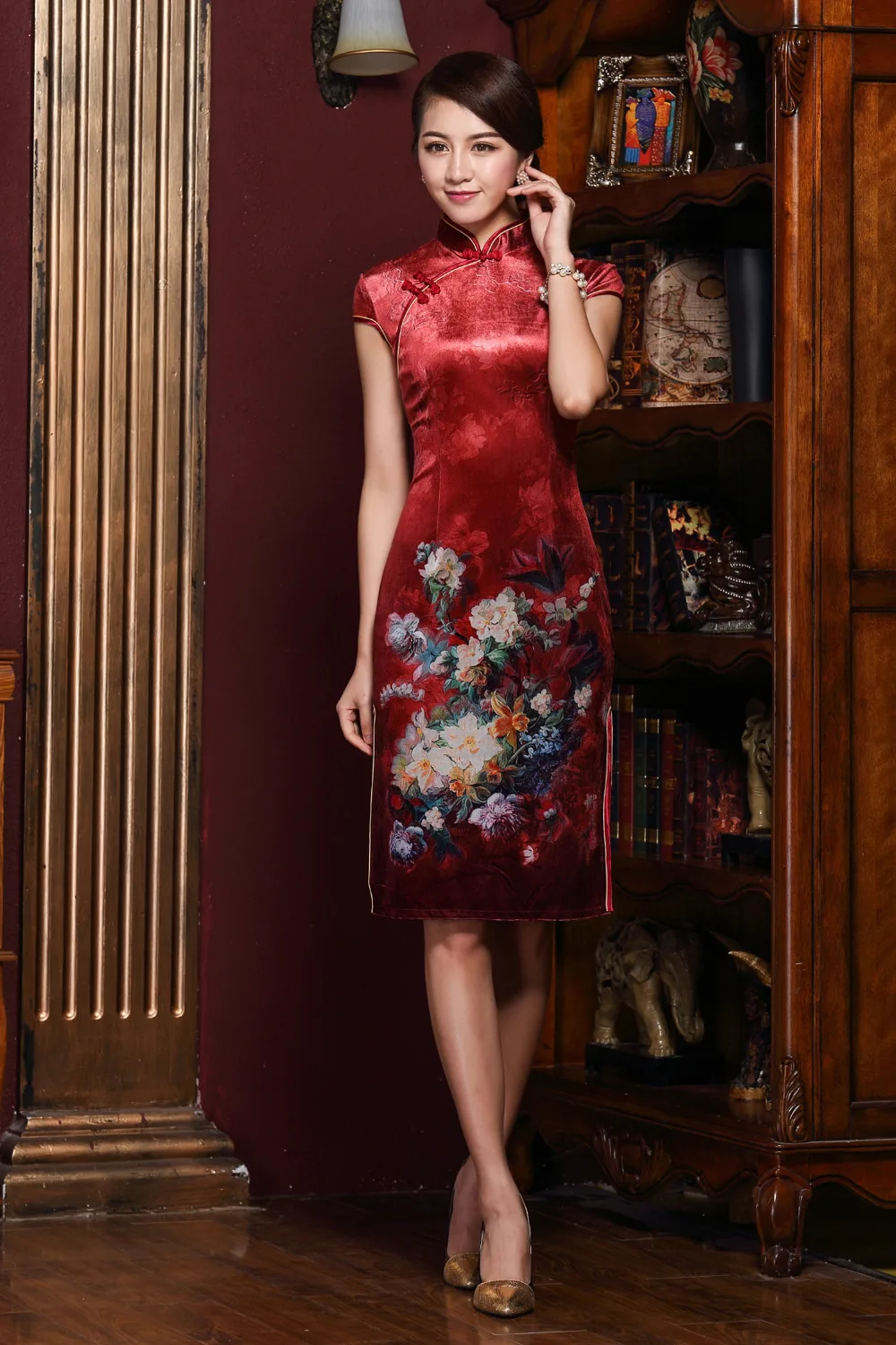 2015RedDesignShortLaceCheongsamBrideDressChineseTraditional