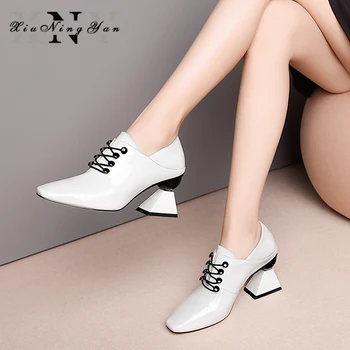 

Patent Leather Women Pumps Square Toe Cross Tied Shoes Unusual High Heels Strange Ladies Fashion Mules Wedding Shoes Woman 2019