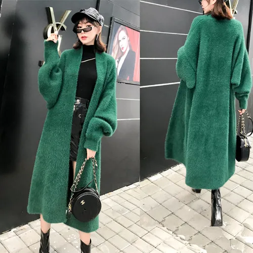 Women's Fur Coat Winter Warm Thick Faux Fox Fur Long Coat Flurry Overcoat Outerwear Lady Vintage Female Cardigan Plus Size - Цвет: Зеленый
