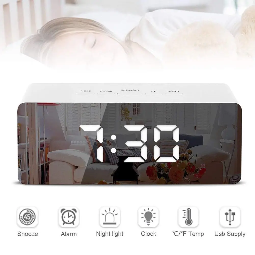 New Digital LED Thermometer Display USB Mirror Night Light Alarm Clock Timepiece