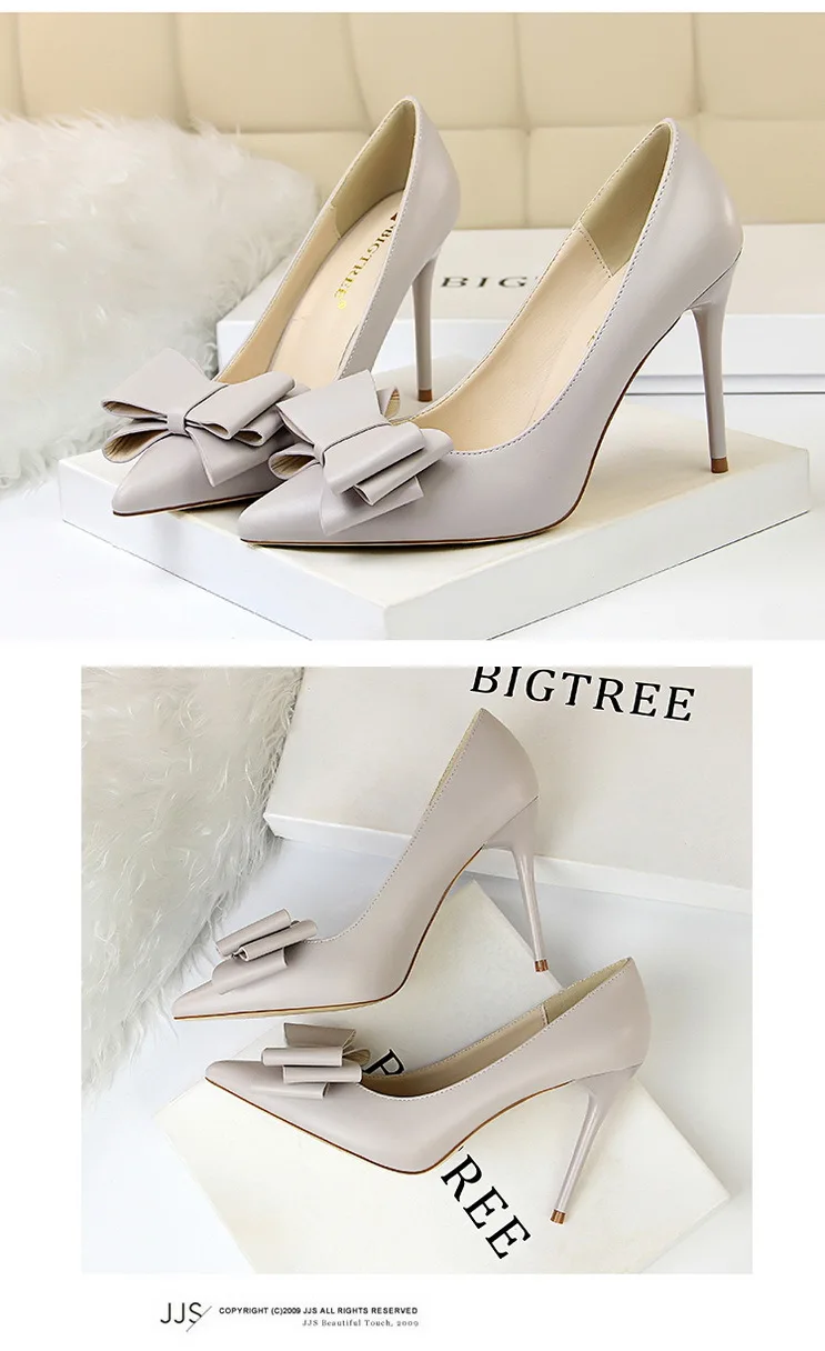BIGTREE/Новинка; кожаные туфли-лодочки; модная обувь; пикантные туфли на высоком каблуке 10 см с острым носком и бантом ярких цветов; sapato feminino