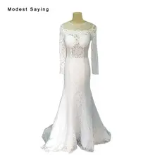 Real Ivory Sexy Mermaid Illusion back Lace Cover Long Sleeve Lace Wedding Dresses 2017 Long Bridal Gowns vestido de festa XW12