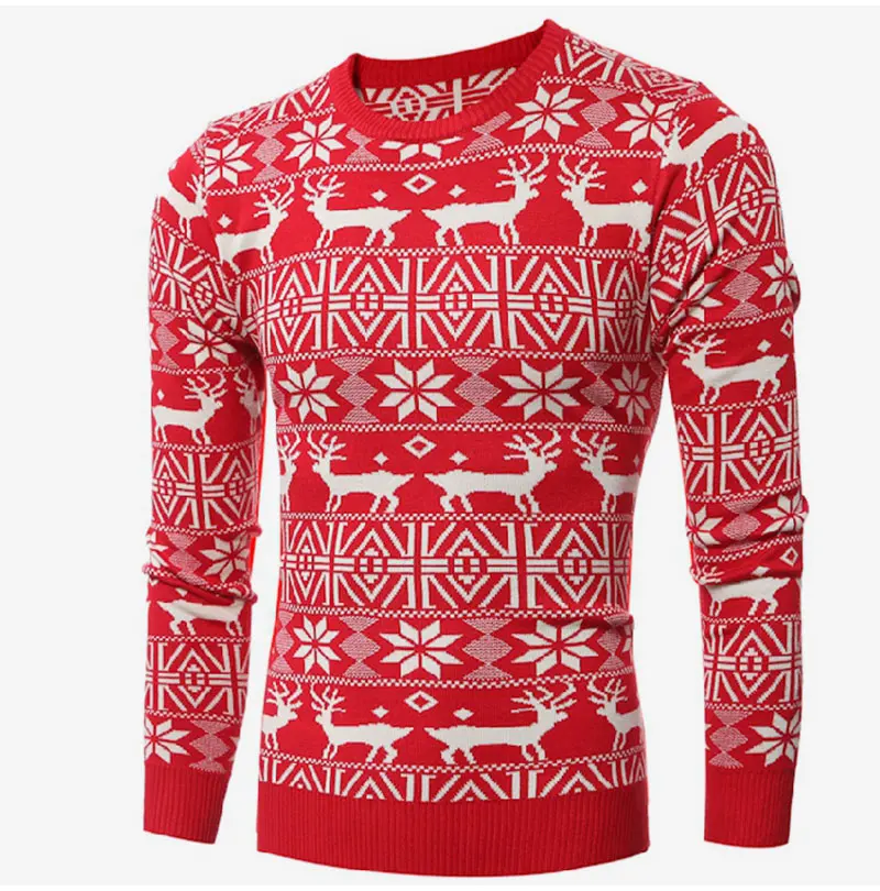 Зимний Рождественский мужской свитер с принтом оленя, длинный рукав, теплый вязаный пуловер, мужской повседневный облегающий плотный свитер с круглым вырезом