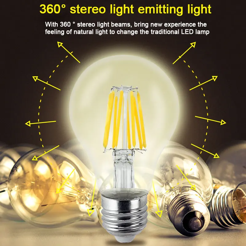 Светодиодный светильник с регулируемой яркостью, 2 Вт, 4 Вт, 6 Вт, 360 градусов, ретро светодиодный светильник Эдисона A60, корпус из стекла, люстры, лампы накаливания