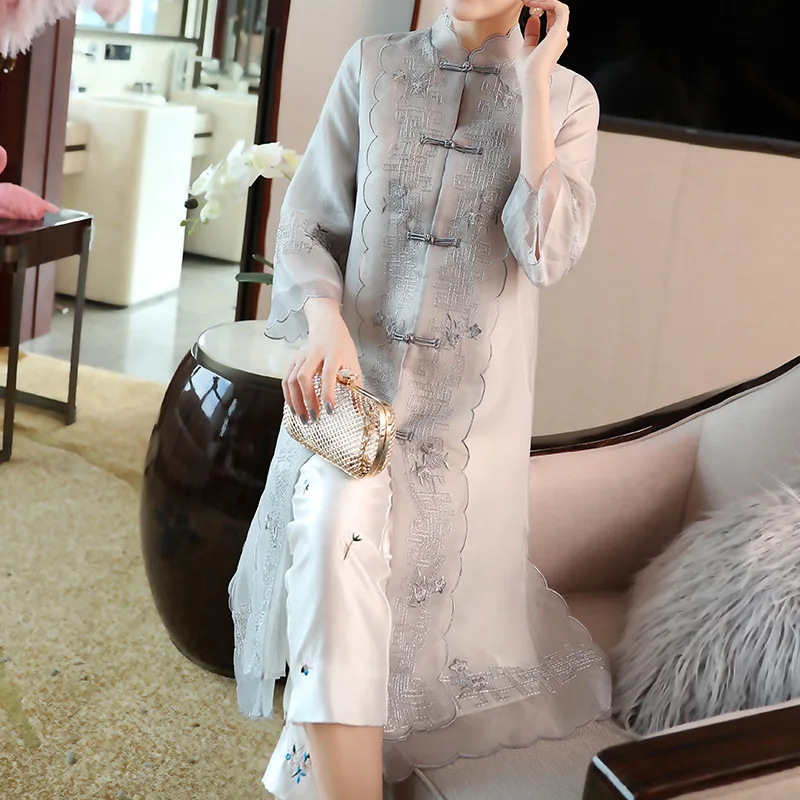 

Vintage Dress Women 2019 Spring Summer NEW Fashion Chinese Style Embroidered Mesh Stand Collar Frog Closure Elegant Dress Midi