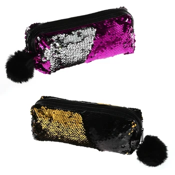 

Reversible Sequin Hairball Pencilcase For Girls Stationery Cute Student Supplies