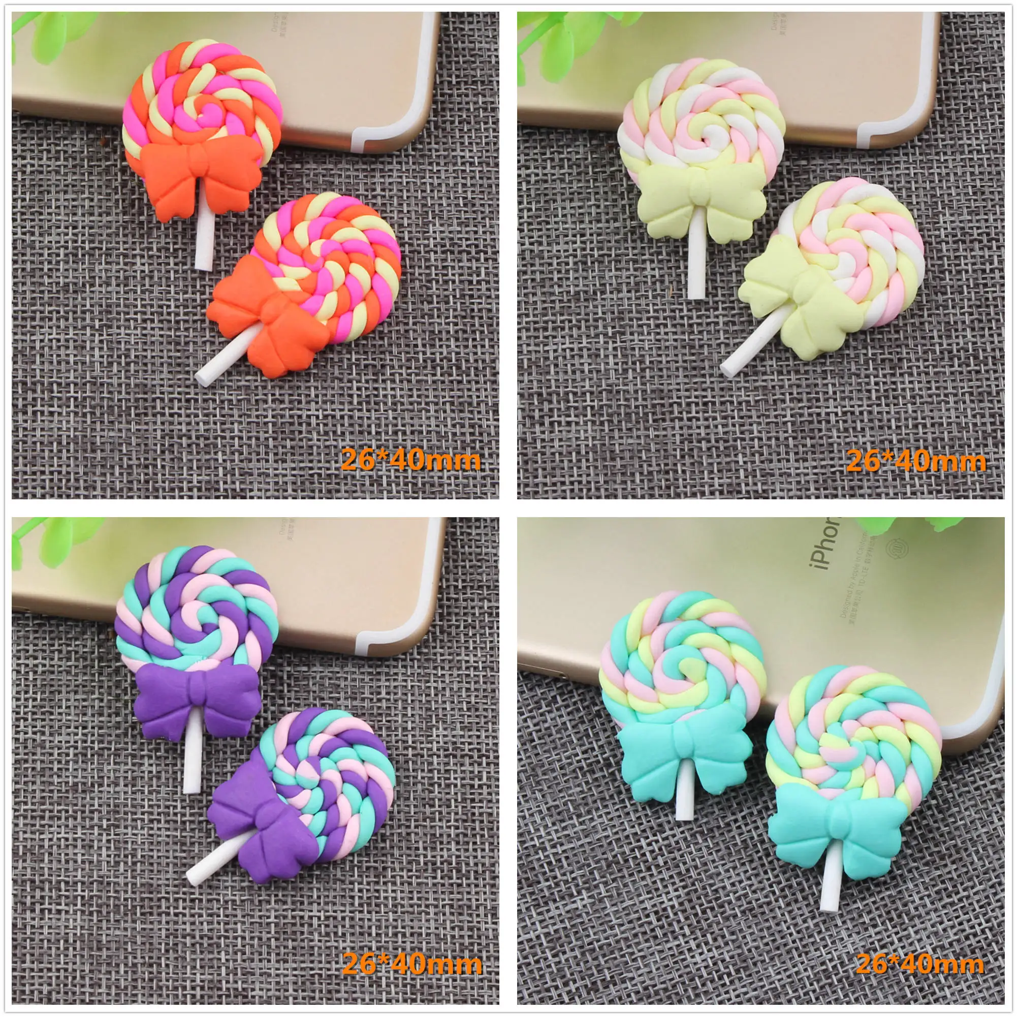 

4pcs Kawaii Spiral Rainbow Lollipop Candy Polymer Clay Cabochons Flatback For DIY Phone Decoration