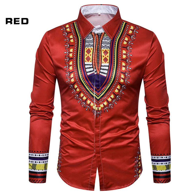 Новая модная рубашка Национальный Ветер ТОТЕМ тонкая рубашка Печать Мужская Большой размер Повседневная рубашка с длинными рукавами - Цвет: Красный
