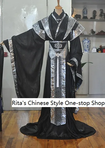 

Black Silver Male Costume Tailed Hanfu Ancient Chinese Childe or Prince Costume for TV Play or Photography Hanfu