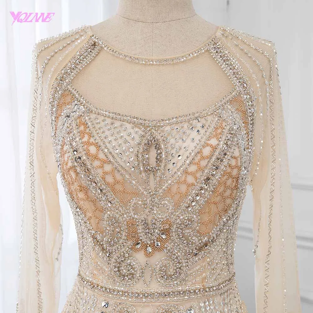 YQLNNE 2019 Luxury Champagne Rhinestones Evening Dresses Long Sleeve Formal Women Gown Mermaid Dress Robe de Soiree