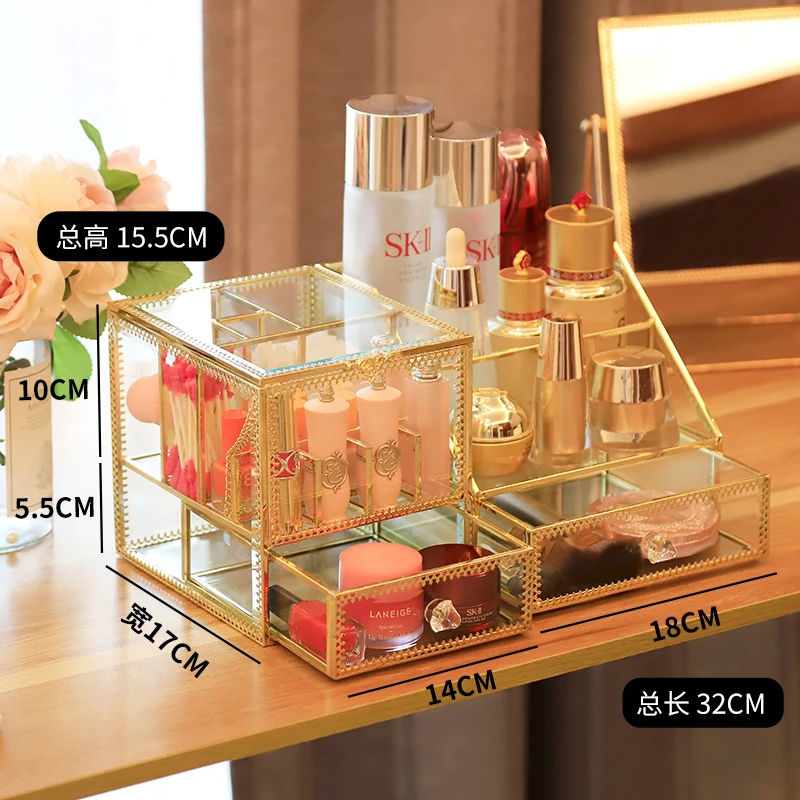 Dressing table cosmetic storage box glass European skin care finishing retro princess household lipstick brush cotton swab box