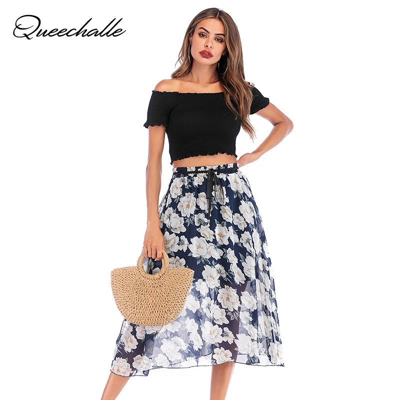 

Daisy Print Blue Color Chiffon Skirt Women 2021 Summer Casual A-line Skirt Female Lace-Up Elastic Waist Loose Midi Skirts
