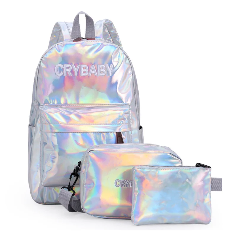 3 шт./компл. розового цвета в Корейском стиле, стильный школьный рюкзак с модным Лазерная голографическая рюкзак для девочек с вышивкой; с узором из букв дорожные сумки рюкзаки - Цвет: Silver