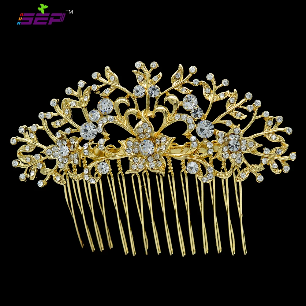 

Wedding Hair Comb Accessories Gold Tone Leaf Flower Hairpins Tiara Rhinestone Crystal Head Jewelry for Gifts Brand CO2257R