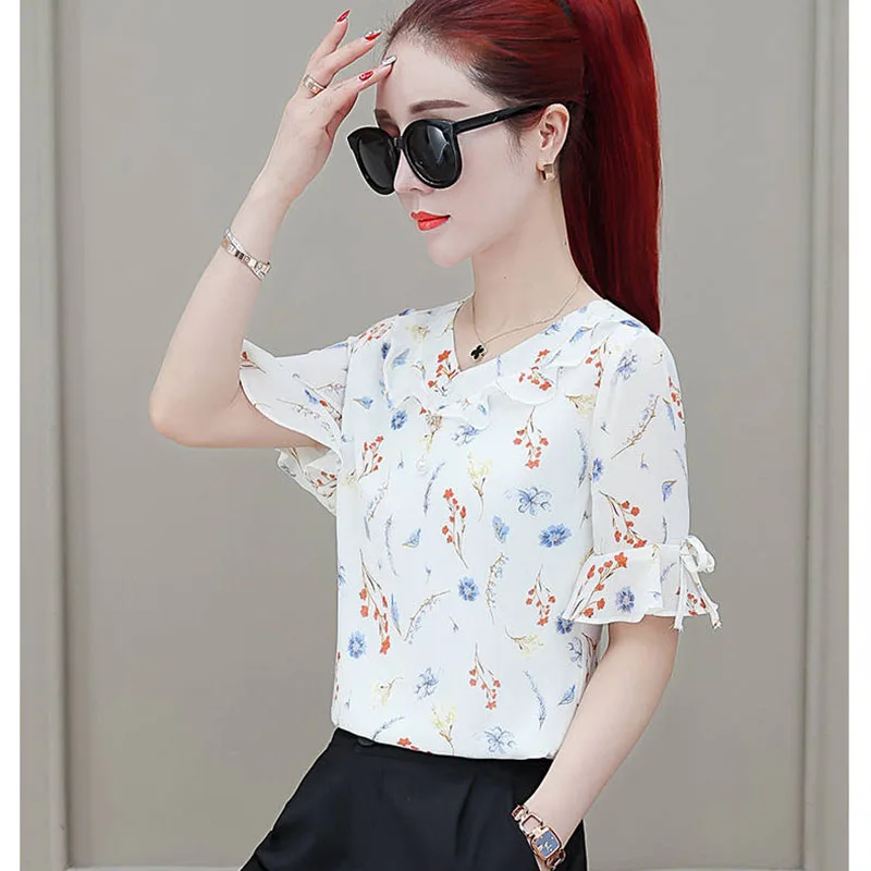

Women Spring Summer Style Chiffon Blouses Shirts Lady Casual Short Sleeve Ruffles Peter Pan Collar Blusas Tops DF2721