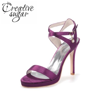 

Creativesugar Ladies elegant high heel narrow band sandal satin summer dress shoes platform blue pink white purple ankle strap