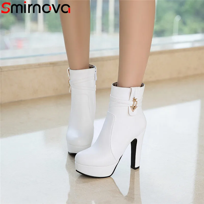 

Smirnova hot sale 2018 winter new arrival women boots metal decoration high heel boots solid female casual platform ankle boots