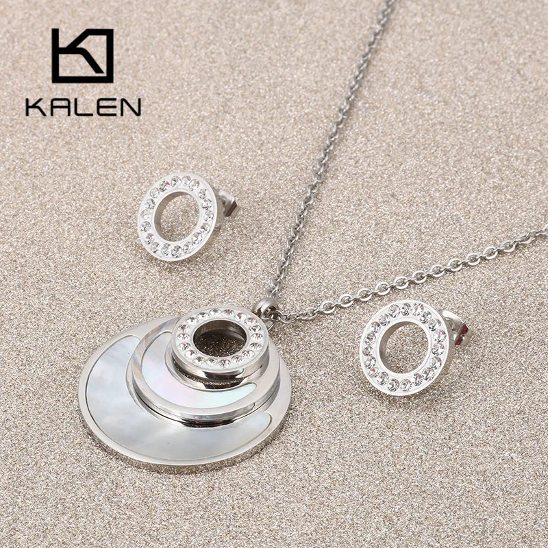 KALEN Women Double Layer Shell Jewelry Sets Stainless Steel Zircon Necklaces Earrings Sets For Women Wedding Engagement Jewelry - Image 4