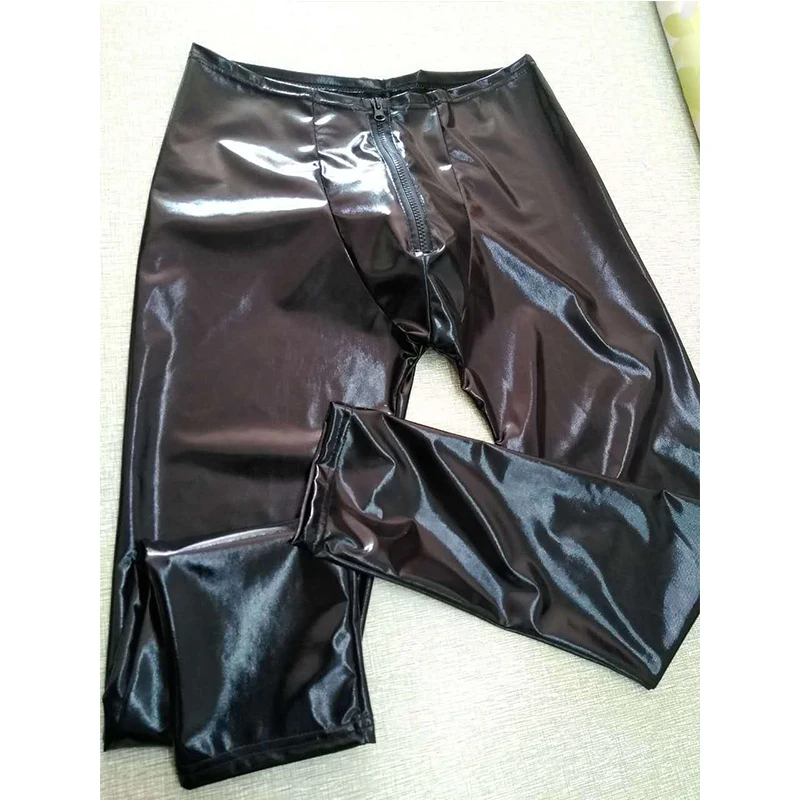 New Fashion Men Sexy Black Faux Leather Underwear Guy Male Low Waist Zipper Clubwear Jockstrap Fitness Pants Erotic Gay Lingerie
