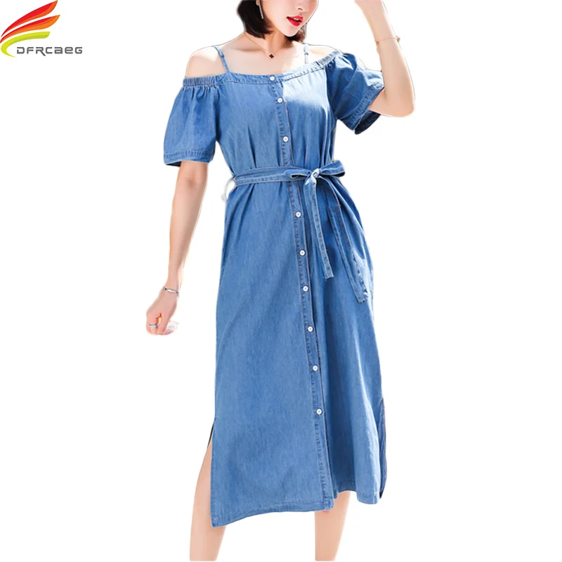 2018 Summer Dress Women Denim Dresses Washed Blue Female Short Sleeve
