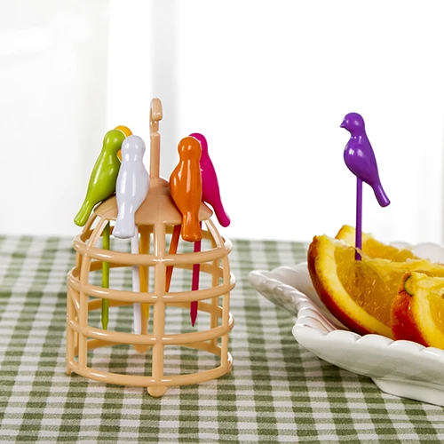 18PCS/lot Lovely Bird Cage Plastic Fruit Forks Set Rainbow Color Party