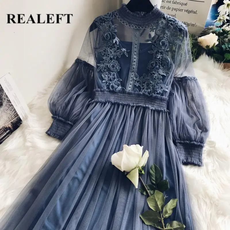 

REALEFT New Arrival Women Lace Print Long Dress Elegant Lantern Sleeve Flower Patchwork High Waist Party Mesh Maxi A-Line Dress
