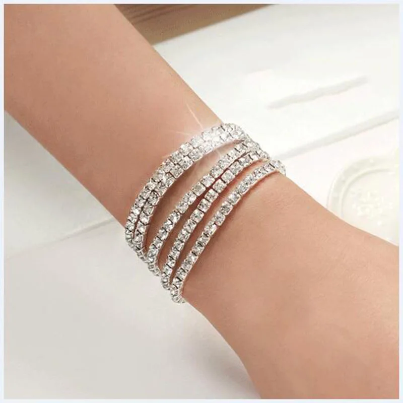 

5pcs/lot Shiny Crystal Bracelets For Women Silver Color Rhinestone Stretchy Bracelets Bangles Female Wedding Prom Jewelry