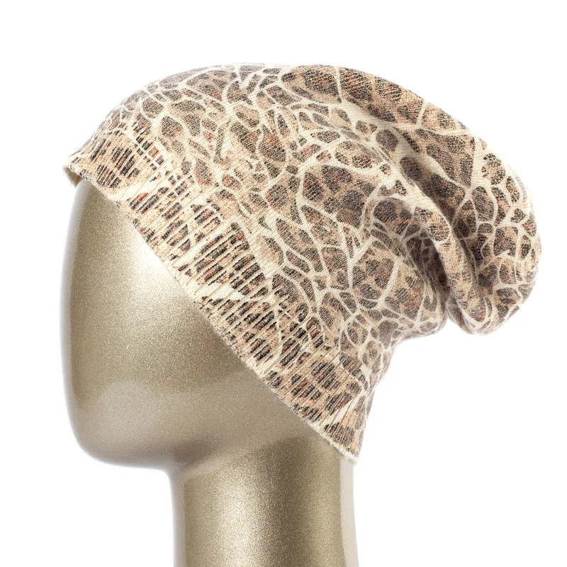 Geebro, Женская леопардовая Вязаная кашемировая шапочка, зимняя, однослойная, повседневная, громоздкая, шапочки для женщин, одна ткань, шапка Skullies - Цвет: Beige