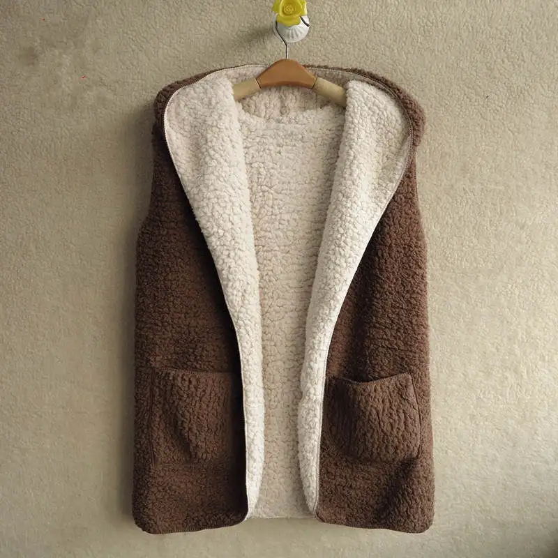 Autumn Winter Lambs Wool Vest Women Pockets Sleeveless Waistcoat Outerwear Two Sides Wear Hooded Women Vest Jacket Coat C4863