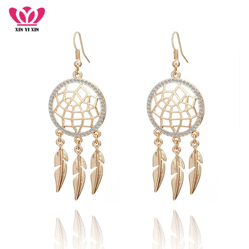 

Gold Silver Tassels Dream Catcher Earrings Long Feather Vintage Crystal Drop Earrings For Women Fashion Jewelry Mom Gifts 2019