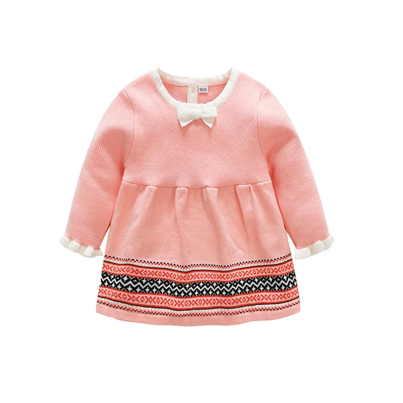 

2019 Spring Autumn New Baby Girls Clothes Cotton Knitted Dress Pink Girl Party Dress Cute Dhildren Long Sleeves Kids Clothing