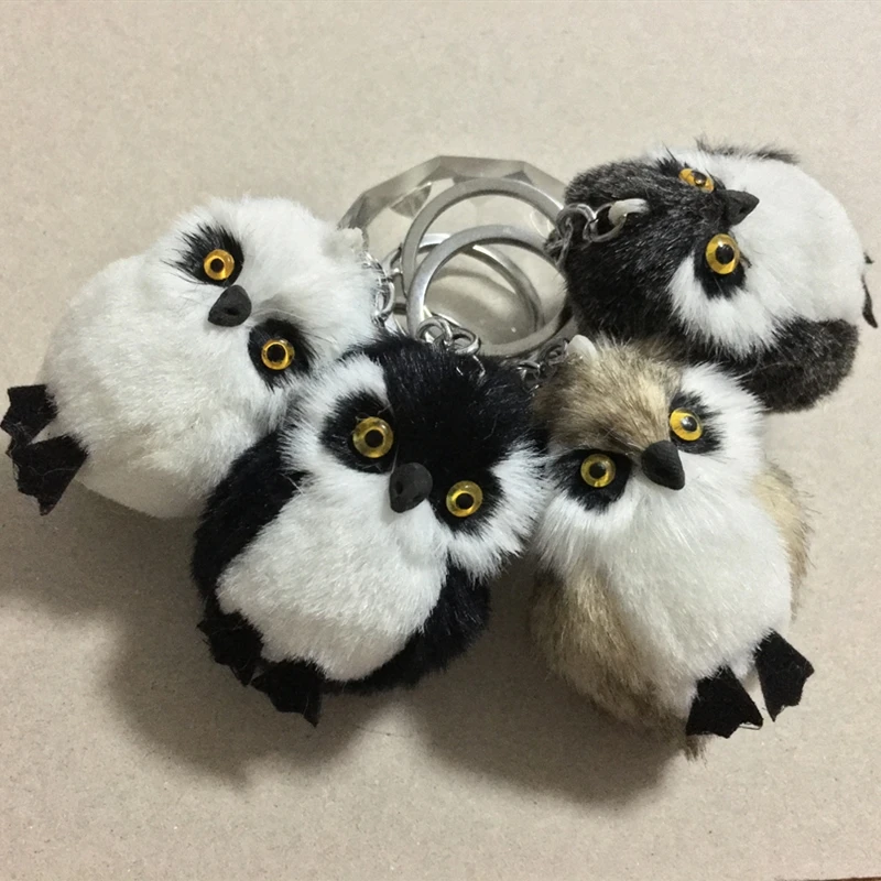 

Fashion Cute Owl Toy Key Chain Silver Ring Faux Rex Rabbit Fur Bird Keychain Woman Bag Charms Man Car Keyring Wedding Party Gift