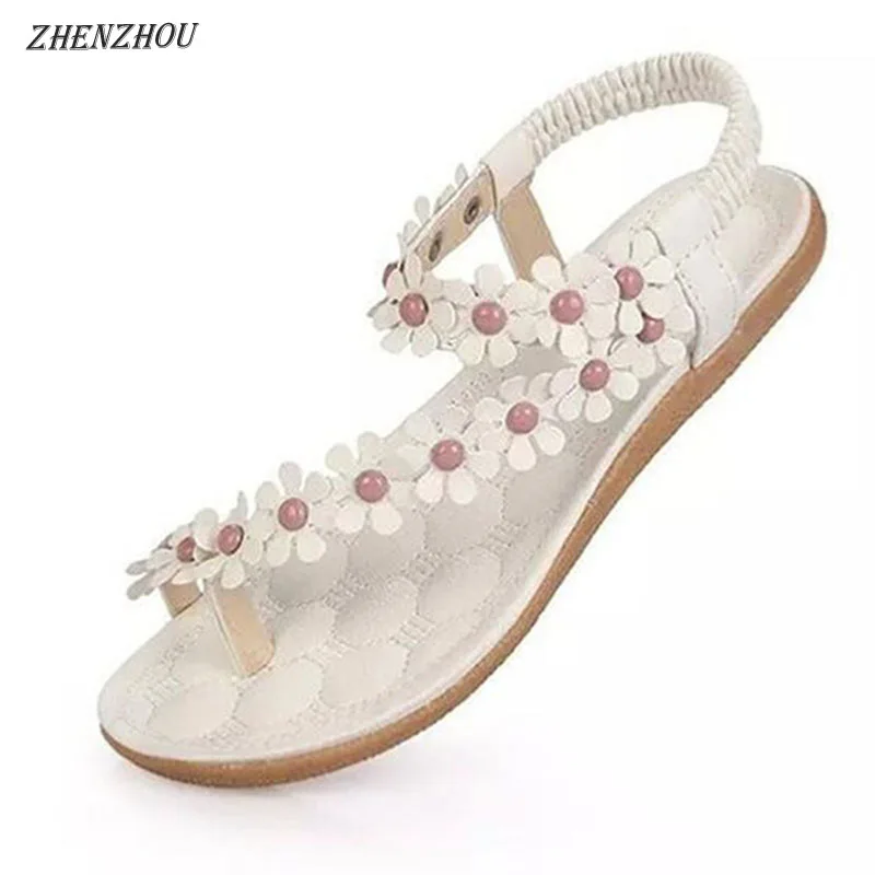 2019 صناديل للنساء بوهيميا صندل صيفي أحذية قرصة كليب اصبع القدم الزهور شقة هان طبعة مع الشاطئ أحذية نسائية