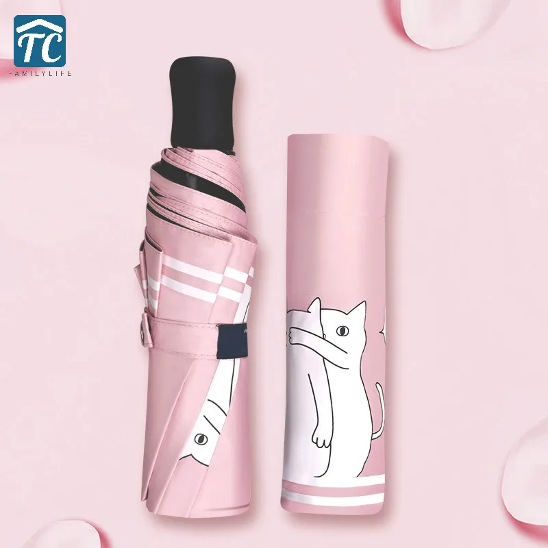 

Three Folding Umbrella Cartoon Cute Rainy Dual-use Waterproof SunnyWindproof Sunscreen Parasol Female Anti-UV Black Coating