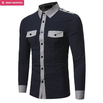 

Dropshipping2017 New Arrival Fashion Design Men's Shirts Double Pocket Badges Long-sleeved Solid Color Stand Collar Slim shirt