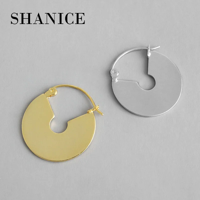 

SHANICE Genuine S925 sterling silver hoop earrings INS Geometric Metal Wafer Fan women's gold color all-match silver jewelry