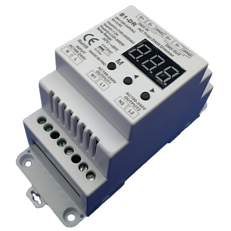 Новый S1 DR светодиодный AC симистор DMX512 диммер 100V 240V Мощность Вход 2 x 1.2A Выход din