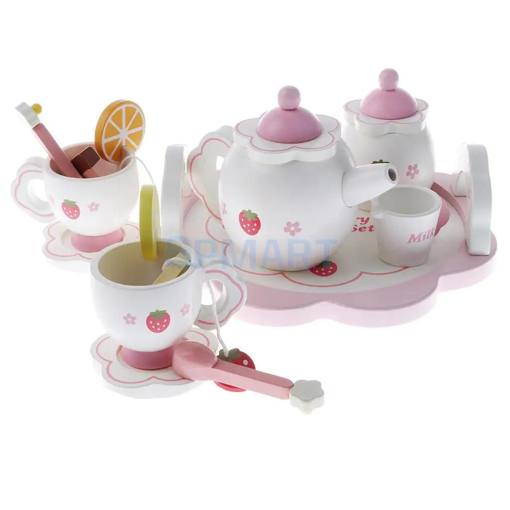 Miniature Dollhouse Wooden Strawberry Themed Afternoon Tea Set Food Kitchen Pretend Play Set