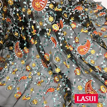 

LASUI NEW 1 yard X0508 costume skirt top decorative cloth Multi-color flower High-end national style lace embroidery black yarn