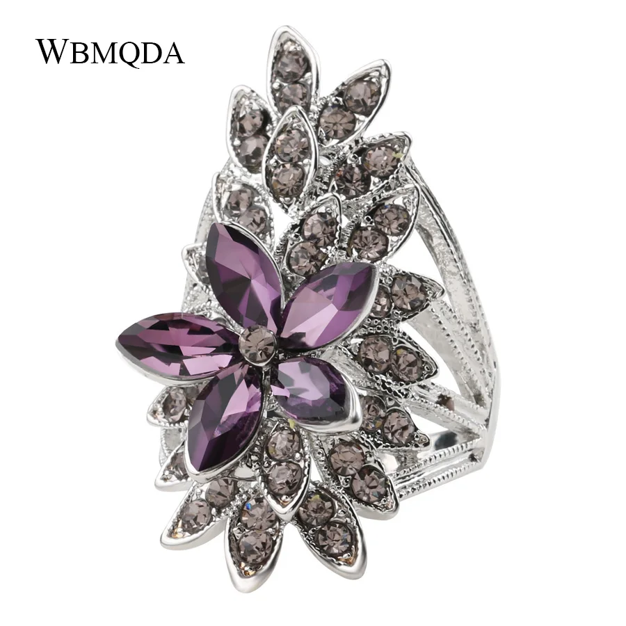 

Fashion Crystal Flower Leaves Ring Purple Glass Silver Big Wedding Rings For Women Vintage Bulgaria Jewelry Love Gifts