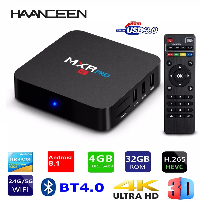

Smart TV BOX MXR PRO Android 8.1 RK3328 Quad Core 4G Ram 32G Rom 2.4G 5G Dual WIFI BT4.0 USB 3.0 3D 4K HDR H265 TV Set-top Box