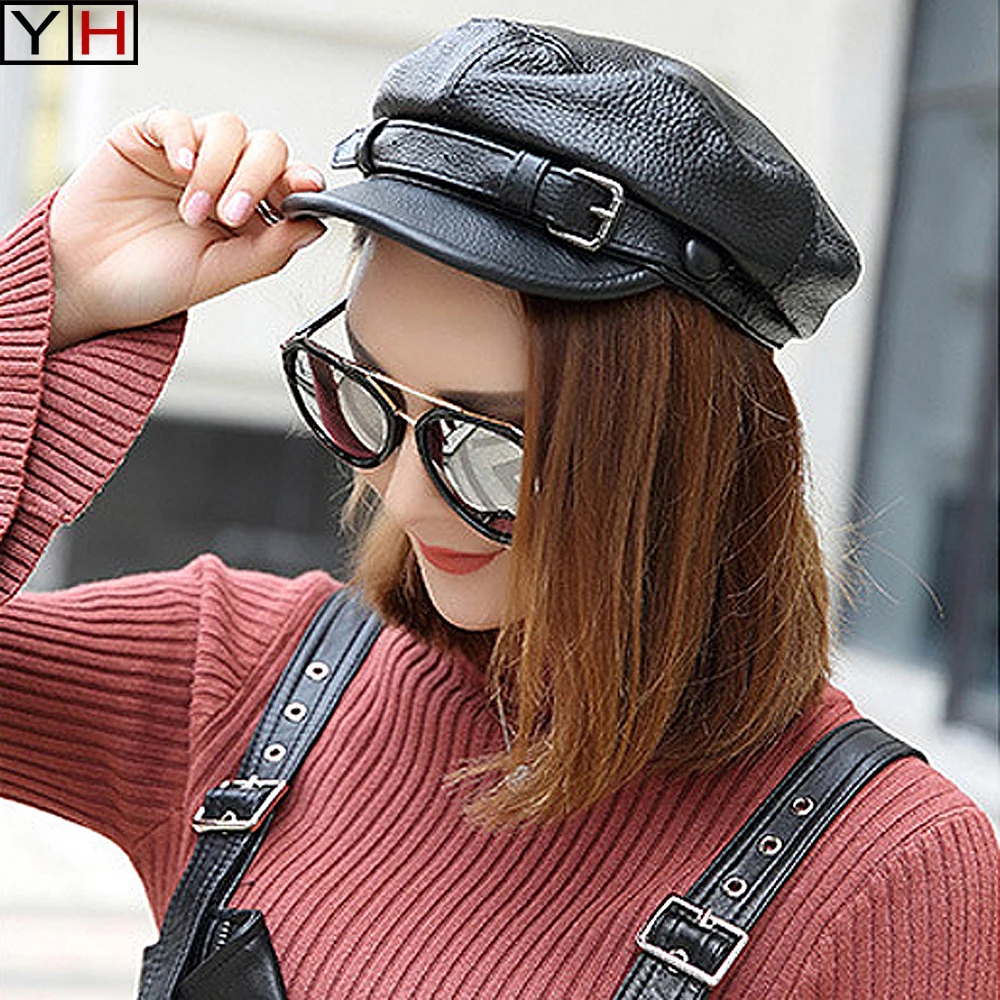 Ladies real cowhide hat, black driving flat top hat, fashion outdoor