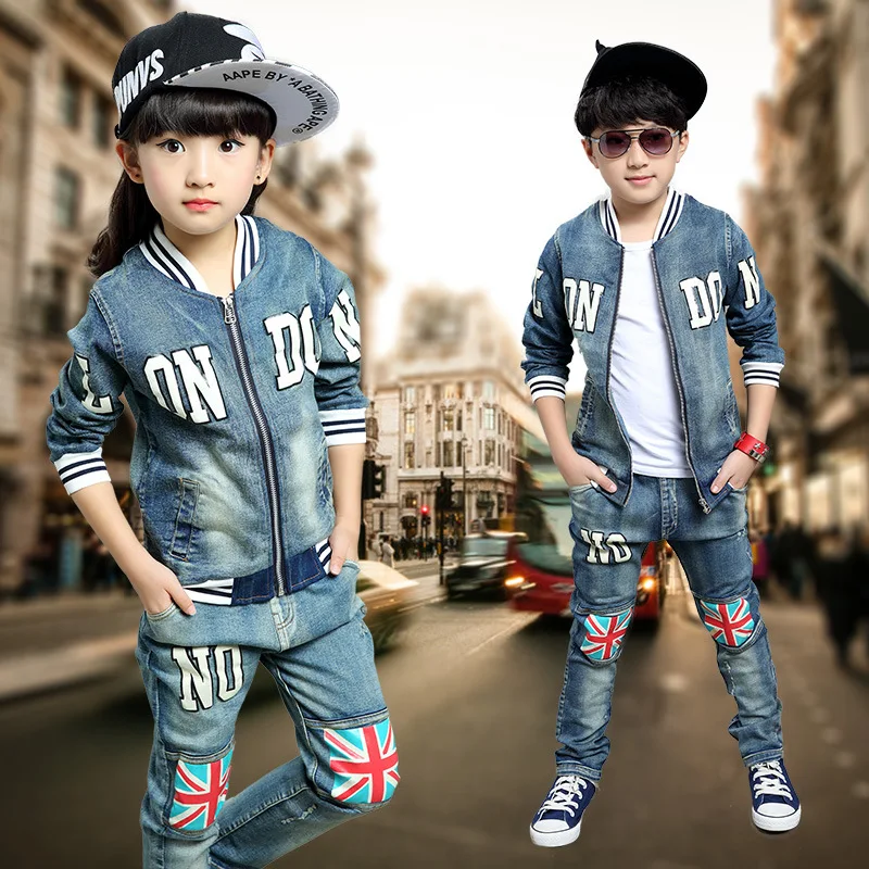 3 15 Years Boys Girls Spring Autumn Denim Clothing Suits England Fashion Cowboy Zipper Jacket Jeans