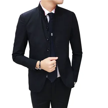 

Nice Zhongshan Slim Fit Blazer Men Young Chinese Collar Collar Suit Jacket Solid Color Tradition Tunic Groom Dress Tang Blazer