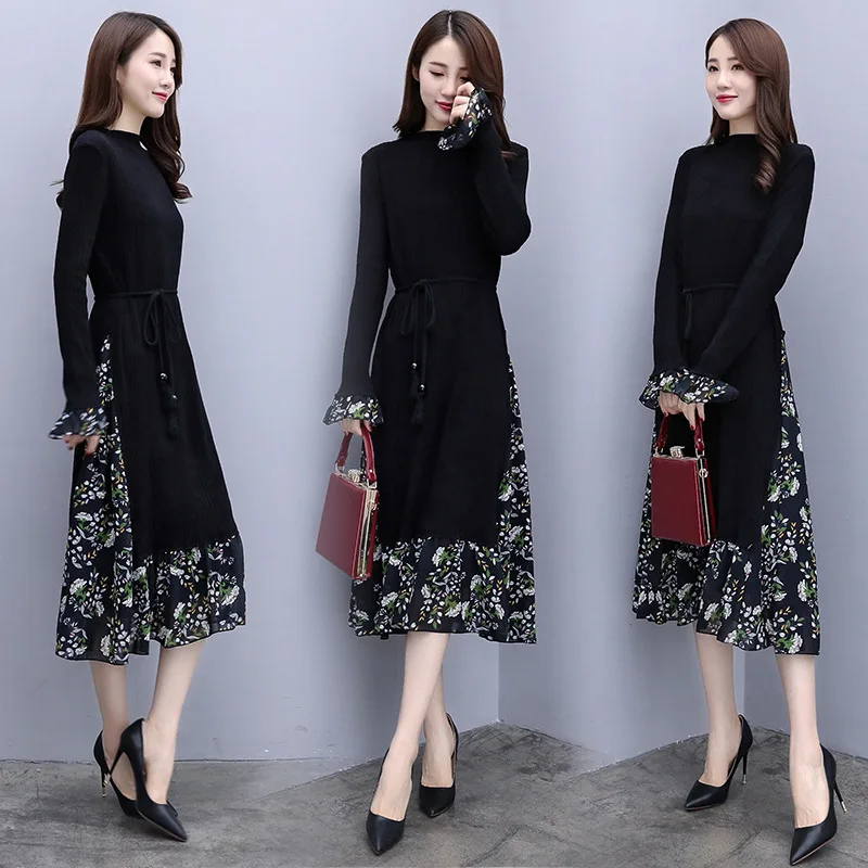 

Elegant Women Summer Dresses Female O-neck Elastic Waist Gorgeous Pleated One-piece Korean Style Knitted Patchwork Flared Dress